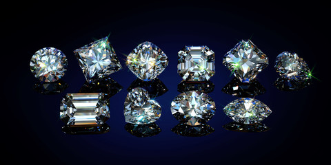 Loose diamonds of ten popular shapes on black glossy background
