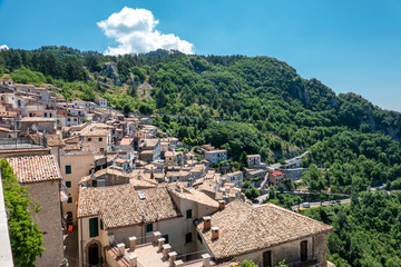 Fototapeta na wymiar Cervara di Roma, Italy- July 21, 2019: Small traditional village in the Simbruini mountains near to Rome know as The artists village