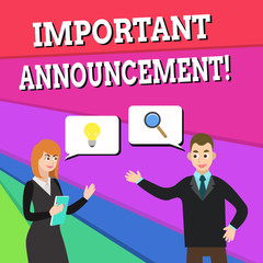 Text sign showing Important Announcement. Business photo showcasing spoken statement that tells showing about something Business Partners Colleagues Jointly Seeking Problem Solution Generate Idea