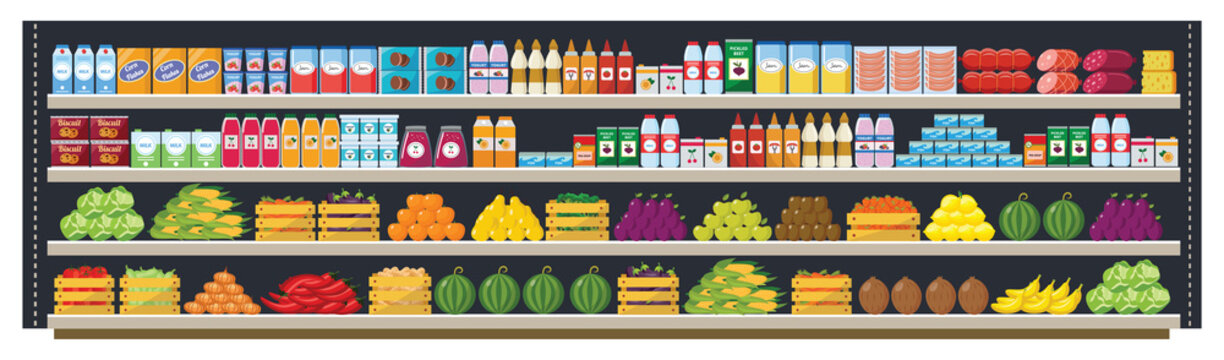 Grocery Supermarket Shelves Flat Vector Seamless Background Illustration.