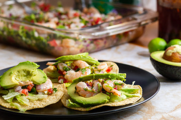 Shrimp ceviche on tostadas with avocado