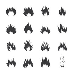 Fire flames or burning symbols set of black vector icons illustrations isolated.