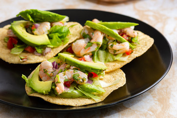 Fresh shrimp ceviche, marinated in lime with fresh vegetables