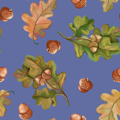 Obraz premium Autumn seamless pattern. Beautiful background with acorns and oak leaves. Realistic drawing with acrylic paints. Vintage style. Ideal for postcards, wrapping paper, fabric and other designs.