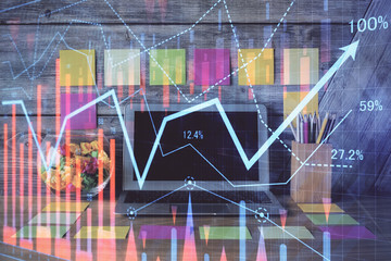 Multi exposure of forex chart and work space with computer. Concept of international online trading.