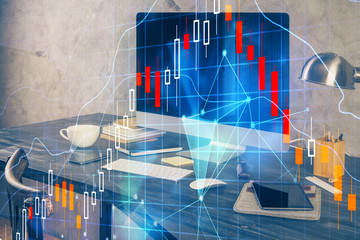 Financial graph colorful drawing and table with computer on background. Double exposure. Concept of international markets.