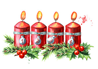 Four Advent red christmas candles, fourth Advent. Watercolor hand drawn illustration isolated on white background