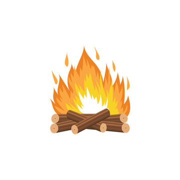 Campfire with burning wood logs and flame cartoon vector illustration isolated.
