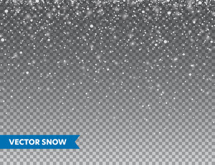 Realistic falling snow with snowflakes. Winter transparent background for Christmas or New Year card. Frost storm effect, snowfall, ice. Vector illustration.