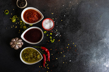 Variety of traditional georgian satsebeli sauces