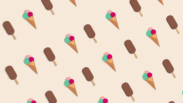 Ice-cream rotating, seamless loop. Video animation with moving ice cream cones and ice chocolate lolly on pink background. Summer food in hot weather concept. Sweet cold dessert.