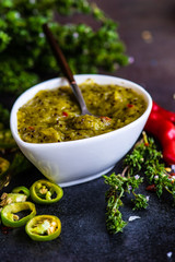 Variety of traditional georgian satsebeli sauces