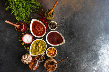 Variety of traditional georgian satsebeli sauces