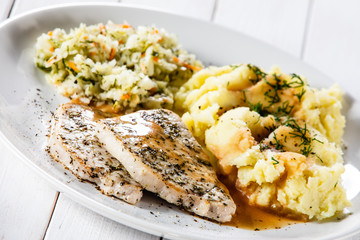 Fried pork chop, mashed potatoes and cabbageon