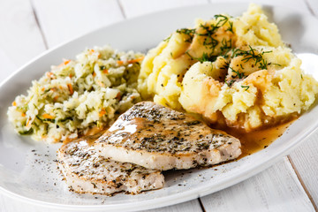 Fried pork chop, mashed potatoes and cabbageon