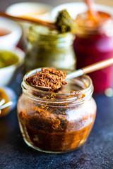 Variety of traditional georgian satsebeli and adjika sauces