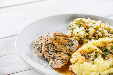Fried pork chop, mashed potatoes and cabbageon