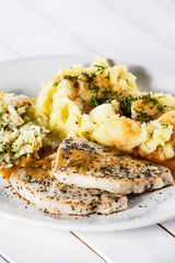 Fried pork chop, mashed potatoes and cabbageon
