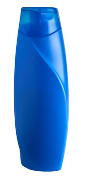 Blue bottle of shampoo isolated on a white background.	