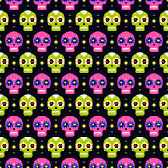 Day of the dead seamless pattern with colorful skulls on dark background. Traditional mexican Halloween design for Dia De Los Muertos holiday party. Ornament from Mexico.