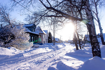Bor, Russia, February 23, 2019. Russian village at the winter time. Sunny day.