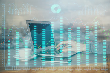 Double exposure of hands and notepad with business icons. Concept of international business.