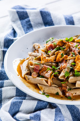 Pasta with chanterelle mushrooms, bacon and sauce