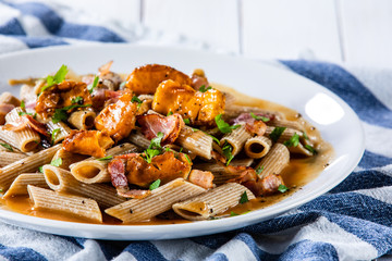 Pasta with chanterelle mushrooms, bacon and sauce