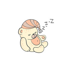 Cute sleeping teddy bear making zzz sound doodle vector illustration isolated.