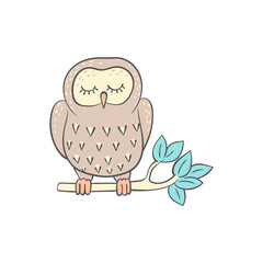 Owl sleeping on the tree branch cute doodle cartoon vector illustration isolated.