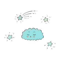 Sleeping blue cloud and sparkling stars in the sky in cartoon hand drawn style