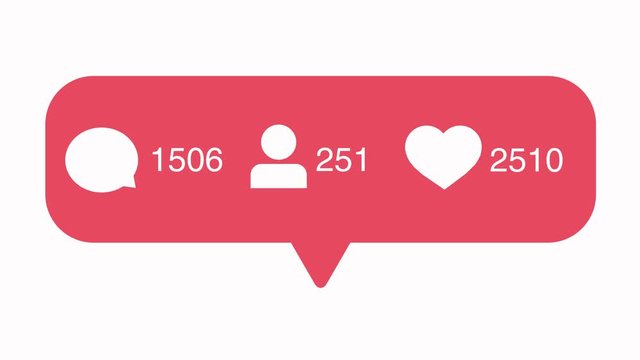 Social media pink icons with increasing number of likes, followers and comments isolated on white background, popularity concept in network. Animation video. Counter icon animation on white screen.