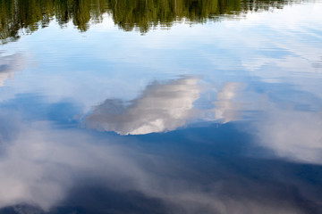 white cloud reflected in blue lake water