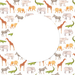 Naklejka premium Watercolor hand drawn background mockup pattern with sketch illustrations of African animals - giraffe, elephant, lion, zebra, crocodile, rhino with place for text