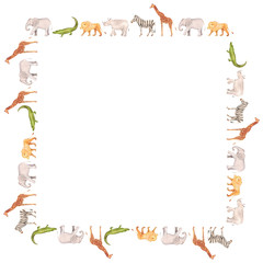Watercolor hand drawn background mockup square frame with sketch illustrations of African animals - giraffe, elephant, lion, zebra, crocodile, rhino on white