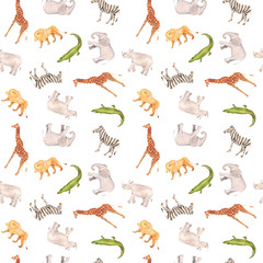 Watercolor hand drawn seamless pattern background with sketch illustrations of African animals - giraffe, elephant, lion, zebra, crocodile, rhino isolated on white