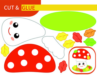 Cartoon mushroom fly agaric with autumn leaves. Paper game 