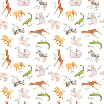 Watercolor hand drawn seamless pattern background sketch illustrations of African animals with captions - giraffe, elephant, lion, zebra, crocodile, rhino, and Africa inscription isolated on white