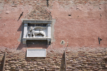 Venice, Italy - July 02, 2019 :  details of Arsenale di venezia wall