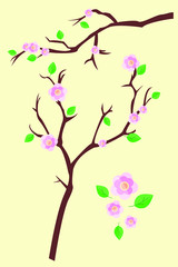 Fototapeta na wymiar Spring blooming cherry or Apple twig with pink flowers and green leaves isolated on a light yellow background