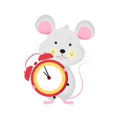 Isolated modern cute cartoon mouse with big clock