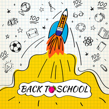 Back to school poster with rocket and doodles on checkered paper background. Vector illustration for banners invitation banner and website.