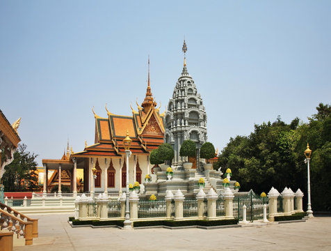 Her Royal Highness Kantha Bopha stupa and Silver Pagoda - Temple of Emerald - Crystal Buddha at Royal Palace (Preah Barum Reachea Veang Nei Preah Reacheanachak Kampuchea) in Phnom Penh. Cambodia