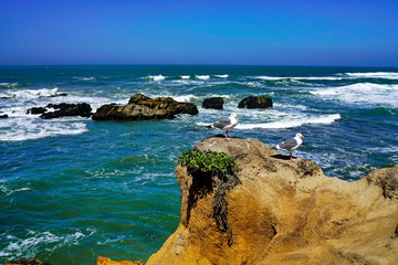 Blue sky, white ocean waves and rock cliff at Pacific Coast, California