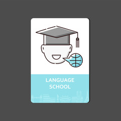 Language school - person with graduation cap with speech bubble in shape of globe symbol