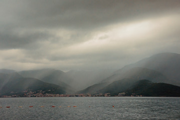 Rainy day.  Montenegro, Adritic Sea, view of Bay of Kotor near Tivat city