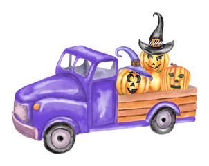Halloween watercolor car with pumpkins in hats. Illustration isolated on white background.