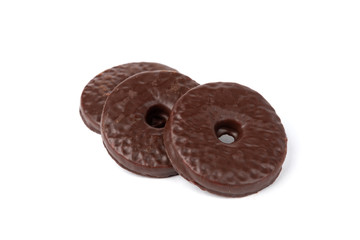 Shortbread cookies in chocolate glaze isolated on white background.