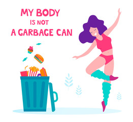 My body is not a garbage can. Concept of healthy eating. Fast food in a trash can.