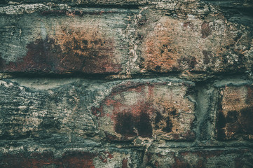 Old weathered brown bricks wall background. Scratched and darked texture. 